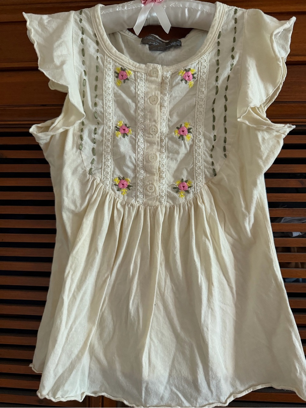 Children's Cream Ruffle Sleeve Embroidered Top